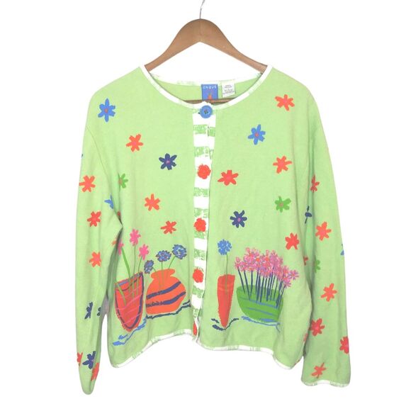 Vintage Onque Casuals Green & Orange Floral Print Grandma Cardigan Sz Large - Picture 1 of 10